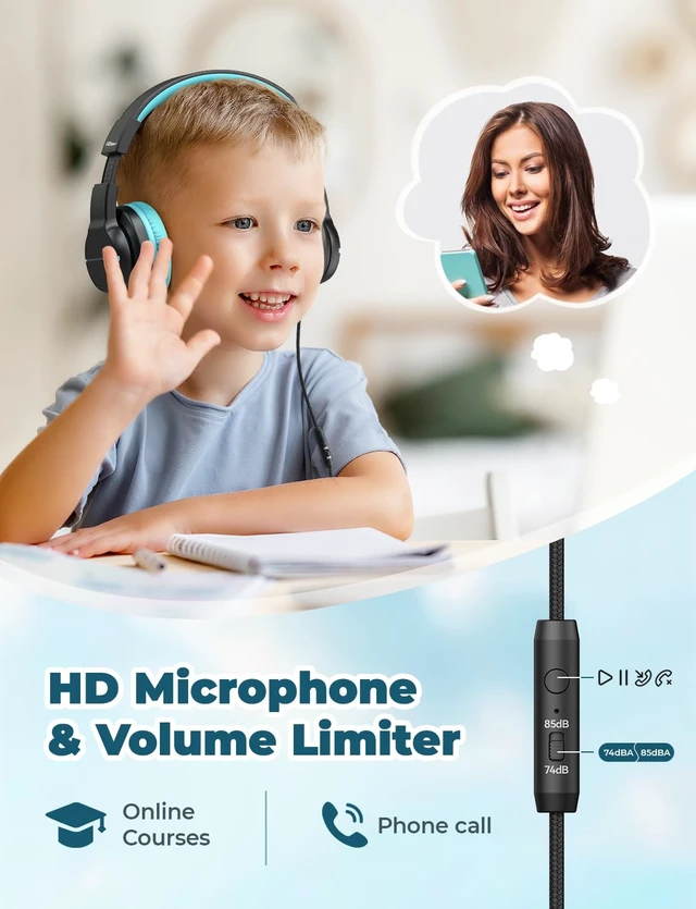 Alt view image 2 of 7 - HS19 Kids Headphones for School, Over-Ear for Toddler Boys Girls SafeSound Tech, HD Mic Stereo Sound, Kids Headphones with Cord, FunShare Foldable 3.5mm Wired for iPad Computer Travel