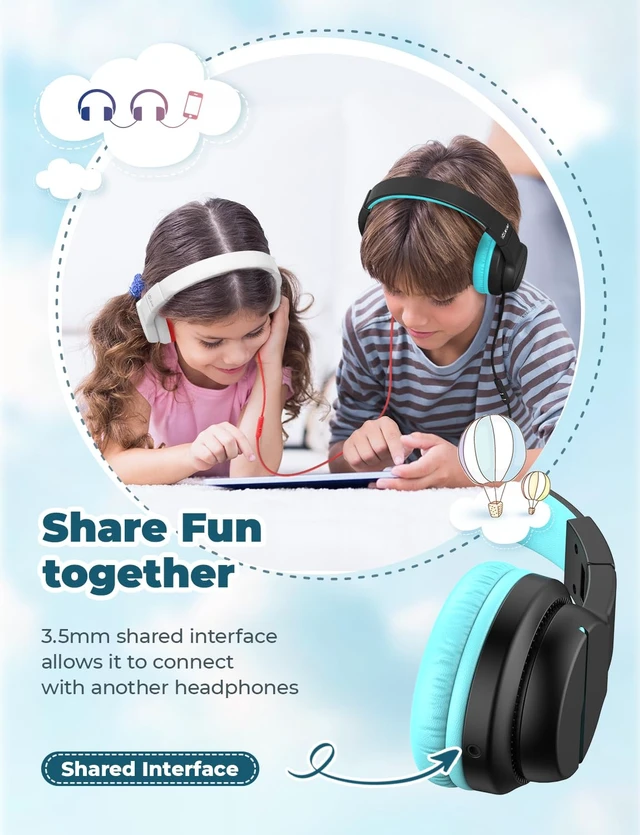 Alt view image 3 of 7 - HS19 Kids Headphones for School, Over-Ear for Toddler Boys Girls SafeSound Tech, HD Mic Stereo Sound, Kids Headphones with Cord, FunShare Foldable 3.5mm Wired for iPad Computer Travel