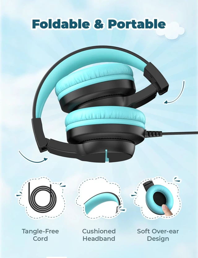 Alt view image 7 of 7 - HS19 Kids Headphones for School, Over-Ear for Toddler Boys Girls SafeSound Tech, HD Mic Stereo Sound, Kids Headphones with Cord, FunShare Foldable 3.5mm Wired for iPad Computer Travel