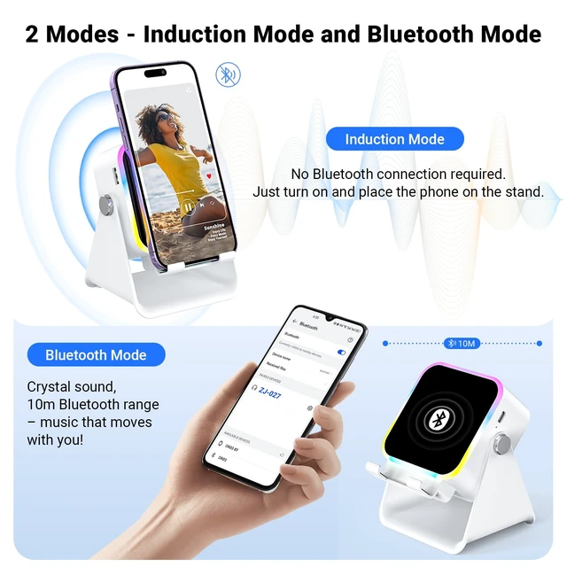 Alt view image 3 of 7 - Induction Speaker with Phone Stand 5 in 1 Wireless Bluetooth Audio White Phone Speaker Amplifier for iPhone & Android with RGB Light and USB Wired Charging, Birthday Gift for Men Women Teens