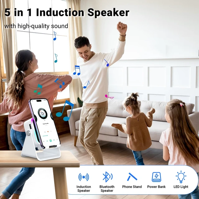 Alt view image 4 of 7 - Induction Speaker with Phone Stand 5 in 1 Wireless Bluetooth Audio White Phone Speaker Amplifier for iPhone & Android with RGB Light and USB Wired Charging, Birthday Gift for Men Women Teens