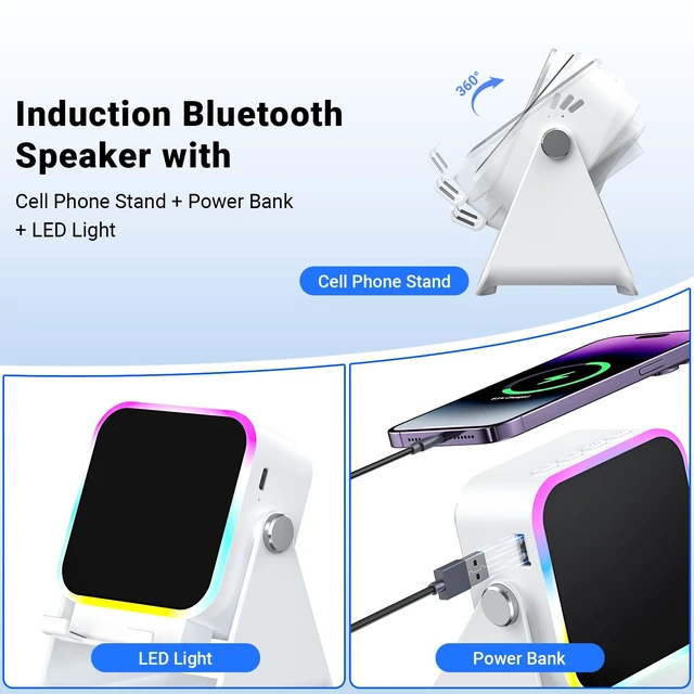 Alt view image 5 of 7 - Induction Speaker with Phone Stand 5 in 1 Wireless Bluetooth Audio White Phone Speaker Amplifier for iPhone & Android with RGB Light and USB Wired Charging, Birthday Gift for Men Women Teens