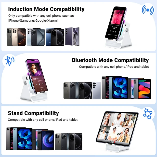 Alt view image 6 of 7 - Induction Speaker with Phone Stand 5 in 1 Wireless Bluetooth Audio White Phone Speaker Amplifier for iPhone & Android with RGB Light and USB Wired Charging, Birthday Gift for Men Women Teens