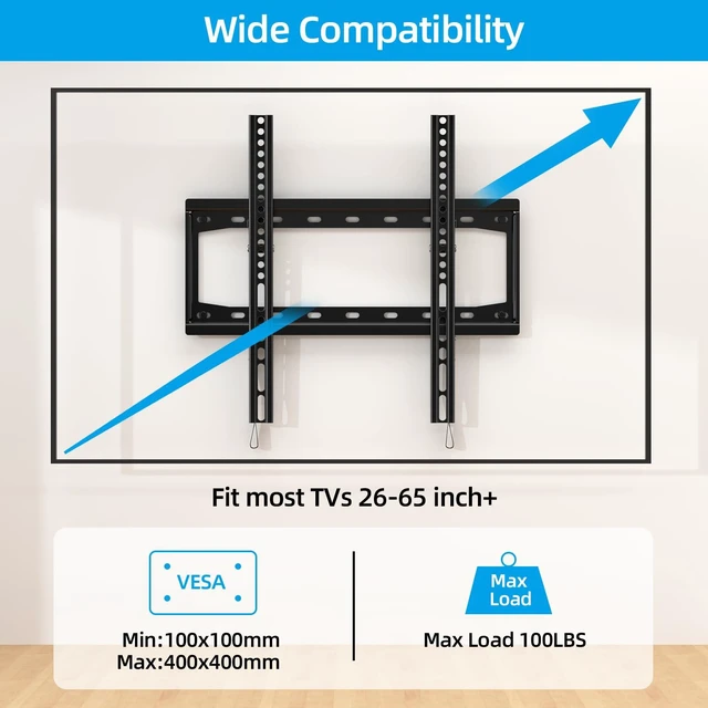 Alt view image 2 of 7 - Tilt TV Wall Mount for Most 26-65 Inch Flat/Curved Screen Max VESA 400x400mm, Holds up to 100 lbs, Fits 8-16" Wood Studs, Universal Low Profile TV Bracket, Space Saving HV9401