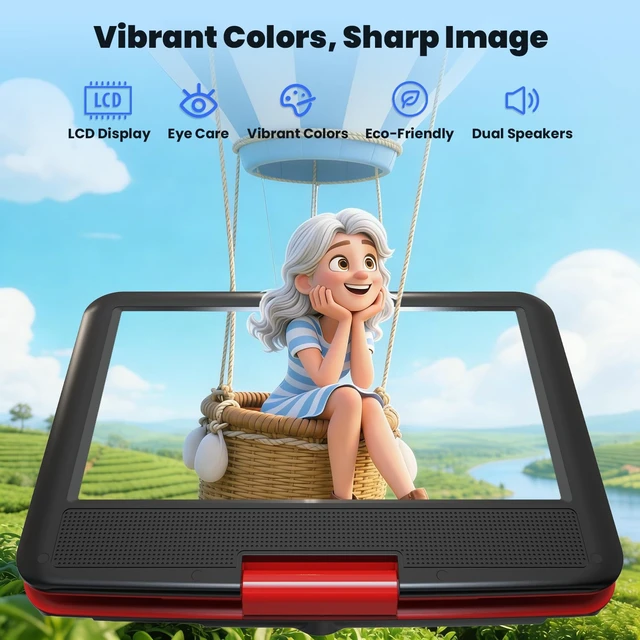 Alt view image 2 of 7 - 11.5" Portable DVD Player, 9.5" HD Screen, Car Travel, Red Kids Entertainment, 5-Hour Battery, USB/SD Playback, TV Sync, Region Free, Resume Playback, DVD/CD Formats