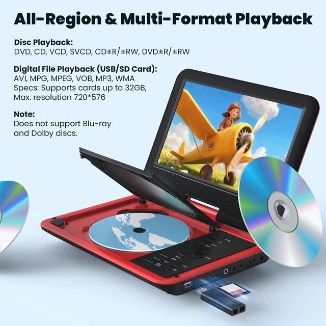 Alt view image 4 of 7 - 11.5" Portable DVD Player, 9.5" HD Screen, Car Travel, Red Kids Entertainment, 5-Hour Battery, USB/SD Playback, TV Sync, Region Free, Resume Playback, DVD/CD Formats