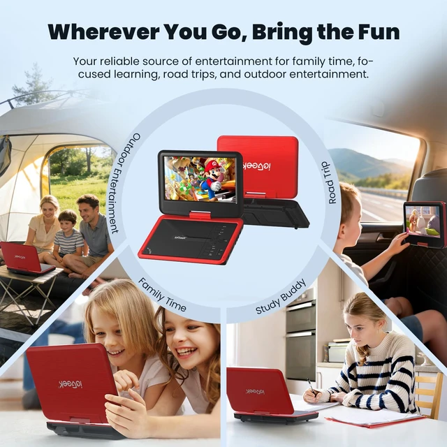 Alt view image 6 of 7 - 11.5" Portable DVD Player, 9.5" HD Screen, Car Travel, Red Kids Entertainment, 5-Hour Battery, USB/SD Playback, TV Sync, Region Free, Resume Playback, DVD/CD Formats