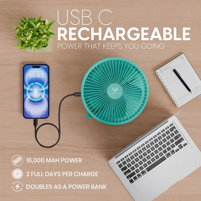 Alt view image 7 of 7 - Portable Fan - Wireless Battery Operated Fan - 4 Speeds - LED Lighting - Carry Case & Remote Control - Cruise Travel - Outdoor Travel RV Power Bank With USB-C Port (Mint with Case)