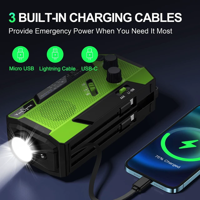 Alt view image 2 of 7 - 7400mWh NOAA Emergency Weather Radio with 3 in 1 Charging Cable - Solar Hand Crank Alert Radio - 3 Power Supply Methods - SOS Alarm, Flashlight for Hurricane Emergencies