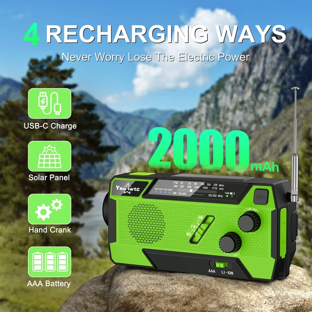 Alt view image 5 of 7 - 7400mWh NOAA Emergency Weather Radio with 3 in 1 Charging Cable - Solar Hand Crank Alert Radio - 3 Power Supply Methods - SOS Alarm, Flashlight for Hurricane Emergencies