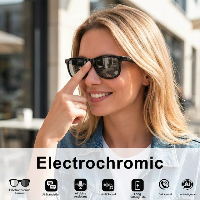 Alt view image 2 of 7 - Electrochromic AI Glasses for Men & Women, Bluetooth Smart Glasses AI Real-time Translation with 164 Languages, Music Play, Hands-Free Calls, Sunglasses for Daily Use, Travel