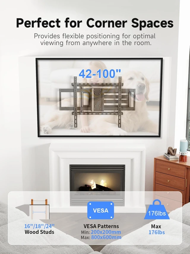 Alt view image 2 of 7 - 41.3" Long Arm TV Wall Mount for 42-100" TVs Holds up to 176lbs Long Arm TV Mount Swivel ±90° & Tilt ±10° & Level ±5°, 3 Level Height Adjustment, Max VESA 800x600mm, Fits 16"/18"/24" Stud