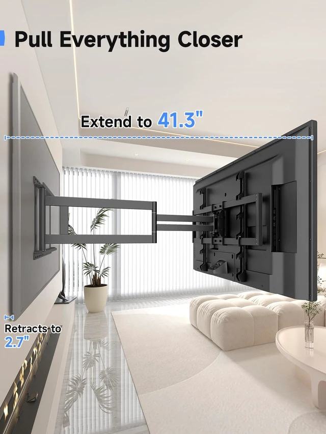 Alt view image 3 of 7 - 41.3" Long Arm TV Wall Mount for 42-100" TVs Holds up to 176lbs Long Arm TV Mount Swivel ±90° & Tilt ±10° & Level ±5°, 3 Level Height Adjustment, Max VESA 800x600mm, Fits 16"/18"/24" Stud