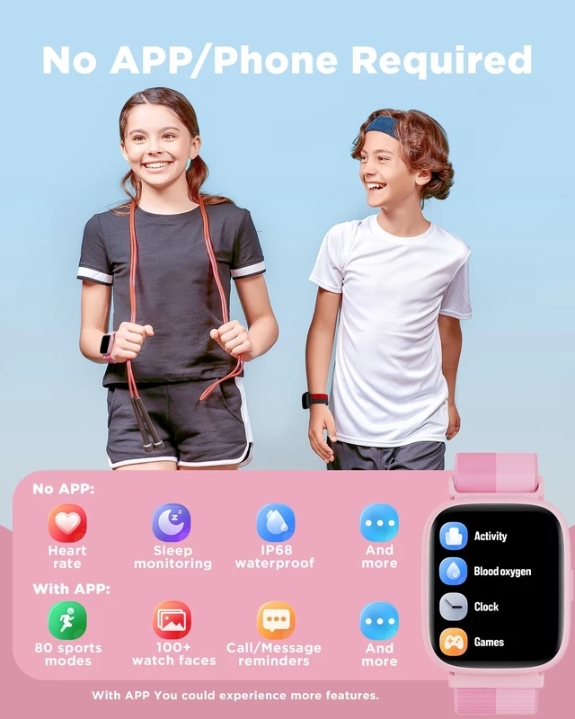 Alt view image 2 of 7 - Smart Watch for Kids, 1.8" Fitness Tracker Watch with Pedometer Heart Rate, Sleep Monitor, IP68 Waterproof, Step Counter, Puzzle Games with/without App for Girls Teens 5-16Nylon