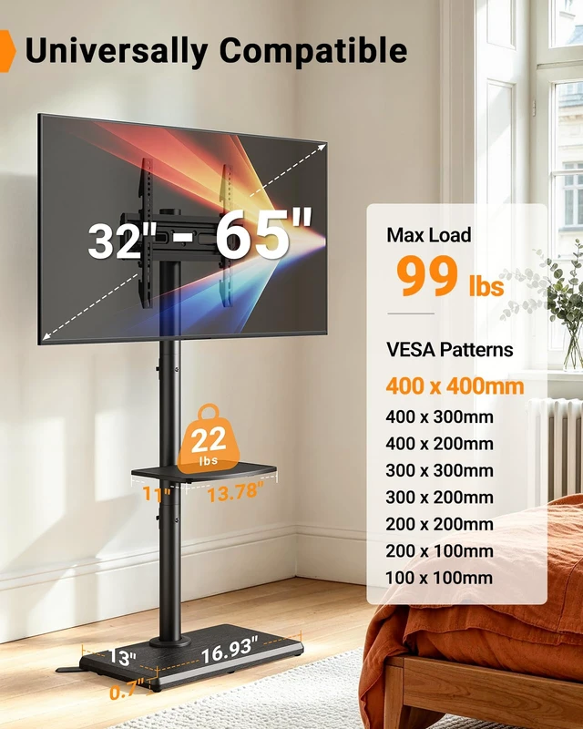 Alt view image 2 of 7 - Standing Floor TV Stand for 3265" TVs up to 99 lbs 3 Height Settings, Extra-Stable Anti-Tip Feet, Tall TV Stand with Solid Wood Base, Adjustable Shelf, 400x400mm