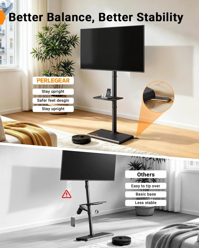 Alt view image 3 of 7 - Standing Floor TV Stand for 3265" TVs up to 99 lbs 3 Height Settings, Extra-Stable Anti-Tip Feet, Tall TV Stand with Solid Wood Base, Adjustable Shelf, 400x400mm