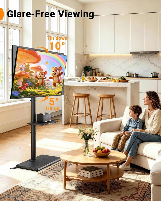 Alt view image 5 of 7 - Standing Floor TV Stand for 3265" TVs up to 99 lbs 3 Height Settings, Extra-Stable Anti-Tip Feet, Tall TV Stand with Solid Wood Base, Adjustable Shelf, 400x400mm