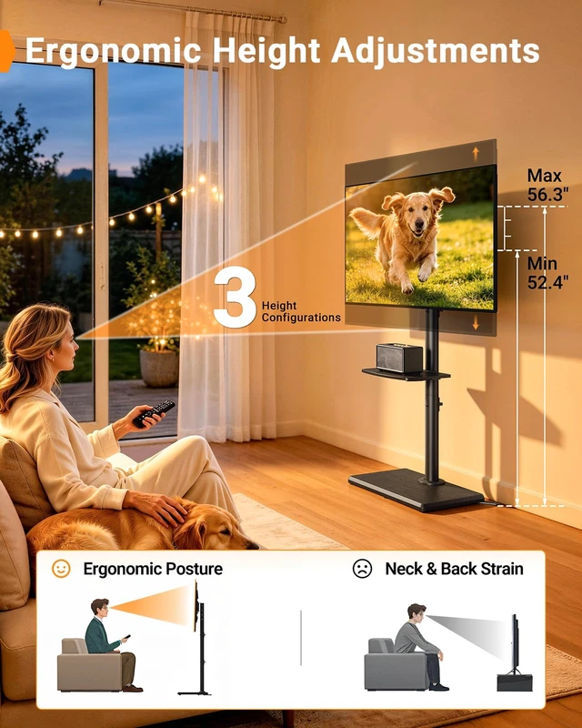 Alt view image 6 of 7 - Standing Floor TV Stand for 3265" TVs up to 99 lbs 3 Height Settings, Extra-Stable Anti-Tip Feet, Tall TV Stand with Solid Wood Base, Adjustable Shelf, 400x400mm