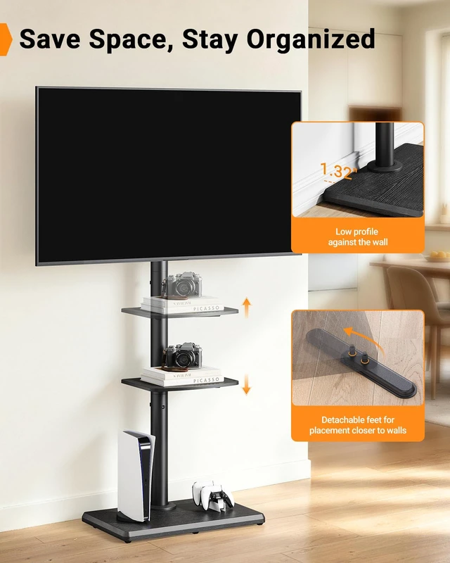 Alt view image 7 of 7 - Standing Floor TV Stand for 3265" TVs up to 99 lbs 3 Height Settings, Extra-Stable Anti-Tip Feet, Tall TV Stand with Solid Wood Base, Adjustable Shelf, 400x400mm