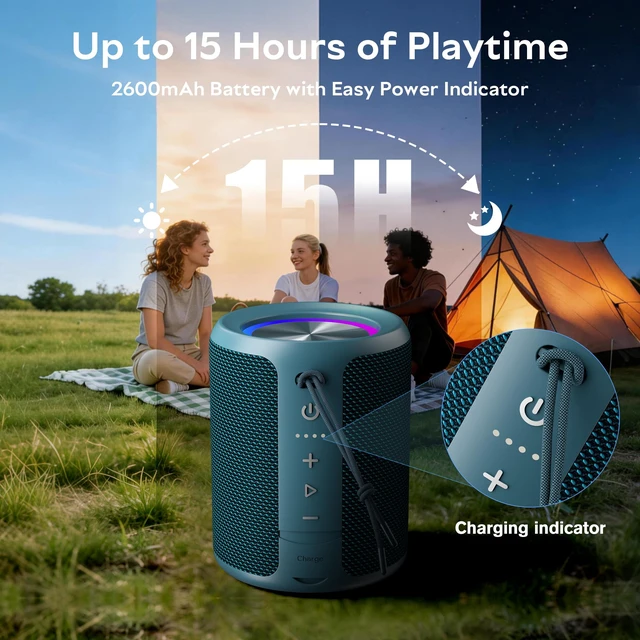 Alt view image 3 of 7 - Portable Bluetooth Speaker, IPX7 Waterproof Wireless Speaker with 20W Loud Stereo Sound, 15H Playtime & Beat-Synced RGB Light, Small Outdoor Speaker for Shower, Pool, Beach,Hiking,Gifts(Blue)