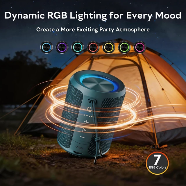 Alt view image 5 of 7 - Portable Bluetooth Speaker, IPX7 Waterproof Wireless Speaker with 20W Loud Stereo Sound, 15H Playtime & Beat-Synced RGB Light, Small Outdoor Speaker for Shower, Pool, Beach,Hiking,Gifts(Blue)