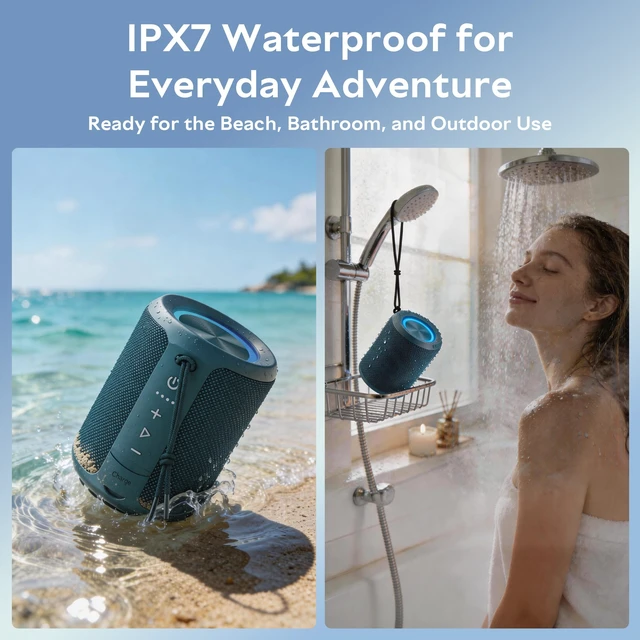Alt view image 6 of 7 - Portable Bluetooth Speaker, IPX7 Waterproof Wireless Speaker with 20W Loud Stereo Sound, 15H Playtime & Beat-Synced RGB Light, Small Outdoor Speaker for Shower, Pool, Beach,Hiking,Gifts(Blue)