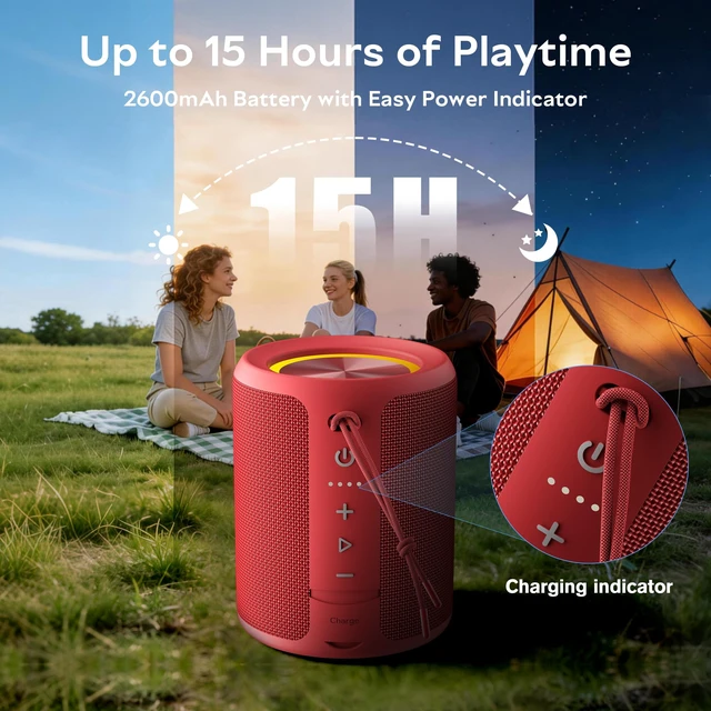 Alt view image 3 of 7 - Portable Bluetooth Speaker, IPX7 Waterproof Wireless Speaker with 20W Loud Stereo Sound, 15H Playtime & Beat-Synced RGB Light, Small Outdoor Speaker for Shower, Pool, Beach,Hiking,Gifts(Red)