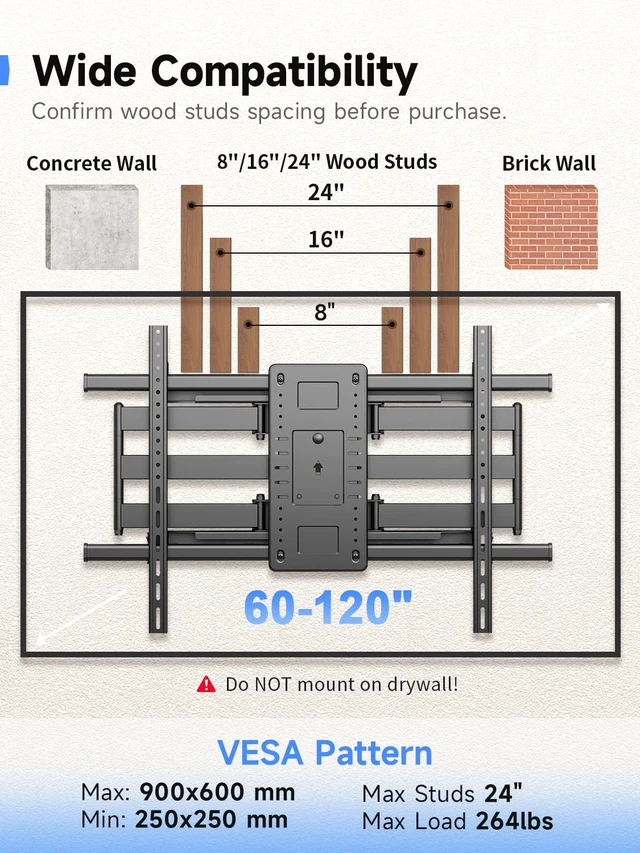 Alt view image 2 of 7 - Heavy Duty TV Wall Mount for 60-120 Inch TVs Holds up to 264 lbs Swivel ±30° & Tilt +5°~-10° & Level ±5°, 3-27.8" Extension, Max VESA 900x600mm, Glare Reduction Tilt for Home Theater Setup
