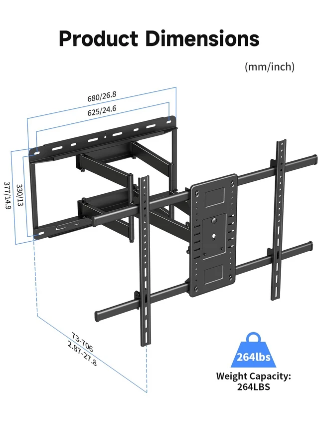 Alt view image 7 of 7 - Heavy Duty TV Wall Mount for 60-120 Inch TVs Holds up to 264 lbs Swivel ±30° & Tilt +5°~-10° & Level ±5°, 3-27.8" Extension, Max VESA 900x600mm, Glare Reduction Tilt for Home Theater Setup