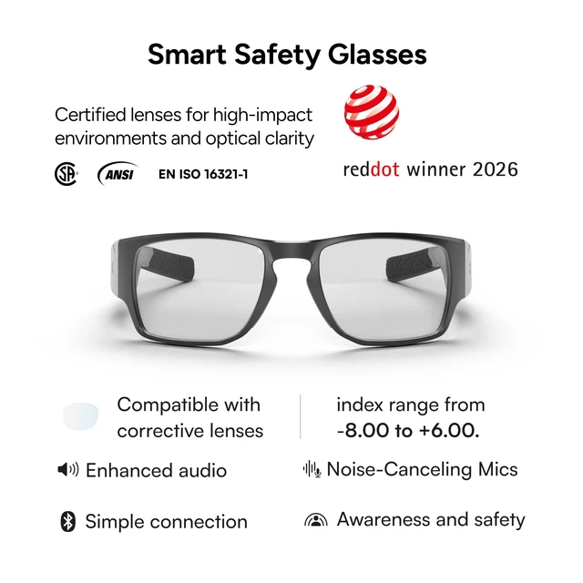 Alt view image 2 of 7 - Armor Smart Safety Glasses, TR90 Frame, Light Adaptive Lenses, Open Ear Speakers & Microphone - ANSI Z87.1