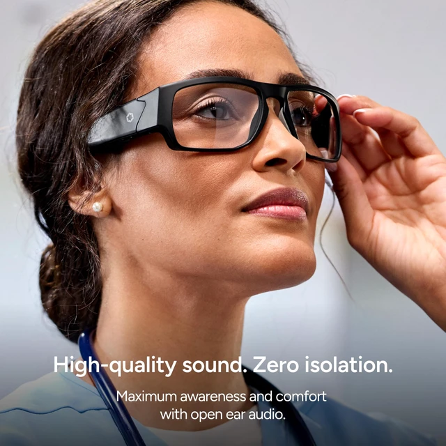 Alt view image 3 of 7 - Armor Smart Safety Glasses, TR90 Frame, Light Adaptive Lenses, Open Ear Speakers & Microphone - ANSI Z87.1