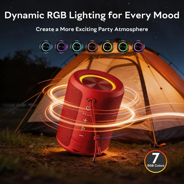 Alt view image 5 of 7 - Portable Bluetooth Speaker, IPX7 Waterproof Wireless Speaker with 20W Loud Stereo Sound, 15H Playtime & Beat-Synced RGB Light, Small Outdoor Speaker for Shower, Pool, Beach,Hiking,Gifts(Red)