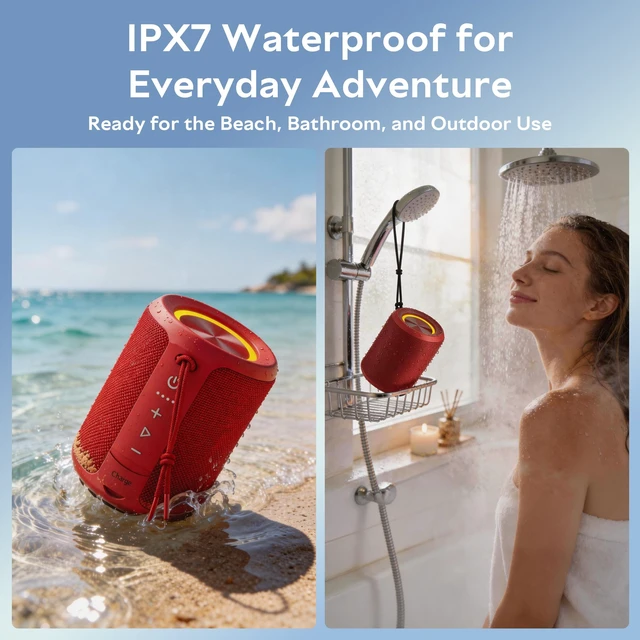 Alt view image 6 of 7 - Portable Bluetooth Speaker, IPX7 Waterproof Wireless Speaker with 20W Loud Stereo Sound, 15H Playtime & Beat-Synced RGB Light, Small Outdoor Speaker for Shower, Pool, Beach,Hiking,Gifts(Red)