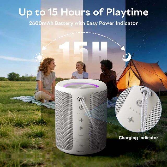 Alt view image 3 of 7 - Portable Bluetooth Speaker, IPX7 Waterproof Wireless Speaker with 20W Loud Stereo Sound, 15H Playtime & Beat-Synced RGB Light, Small Outdoor Speaker for Shower, Pool, Beach,Hiking,Gifts(Gray)