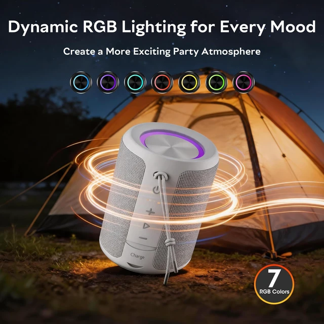 Alt view image 5 of 7 - Portable Bluetooth Speaker, IPX7 Waterproof Wireless Speaker with 20W Loud Stereo Sound, 15H Playtime & Beat-Synced RGB Light, Small Outdoor Speaker for Shower, Pool, Beach,Hiking,Gifts(Gray)