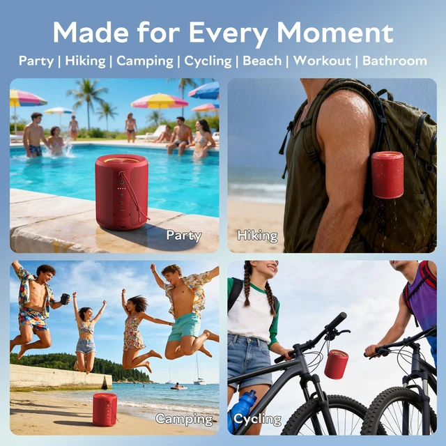 Alt view image 7 of 7 - Portable Bluetooth Speaker, IPX7 Waterproof Wireless Speaker with 20W Loud Stereo Sound, 15H Playtime & Beat-Synced RGB Light, Small Outdoor Speaker for Shower, Pool, Beach,Hiking,Gifts(Red)