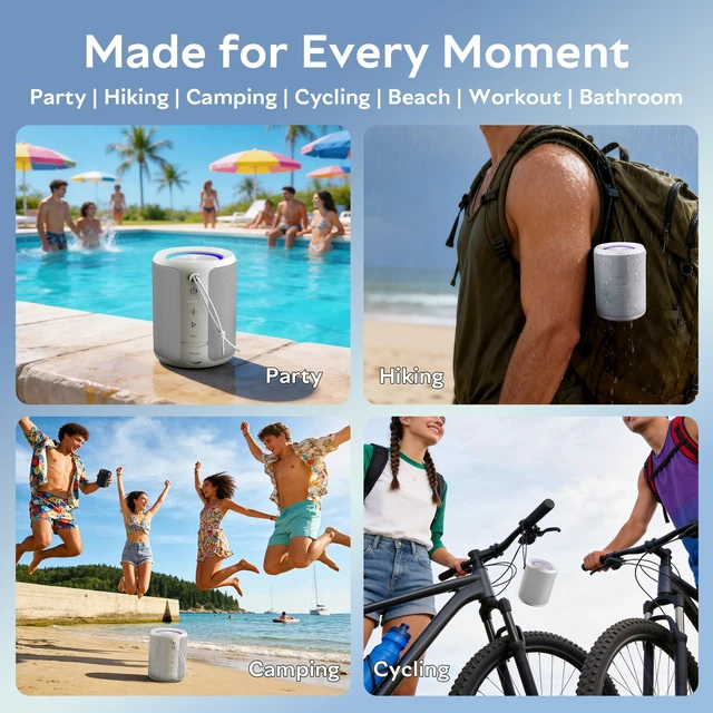 Alt view image 7 of 7 - Portable Bluetooth Speaker, IPX7 Waterproof Wireless Speaker with 20W Loud Stereo Sound, 15H Playtime & Beat-Synced RGB Light, Small Outdoor Speaker for Shower, Pool, Beach,Hiking,Gifts(Gray)