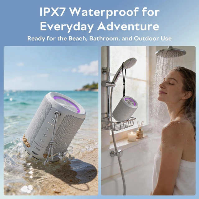 Alt view image 6 of 7 - Portable Bluetooth Speaker, IPX7 Waterproof Wireless Speaker with 20W Loud Stereo Sound, 15H Playtime & Beat-Synced RGB Light, Small Outdoor Speaker for Shower, Pool, Beach,Hiking,Gifts(Gray)