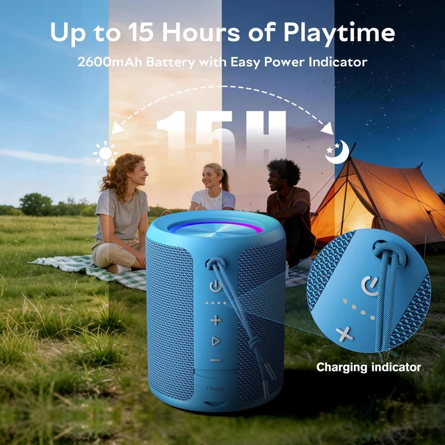 Alt view image 3 of 7 - Portable Bluetooth Speaker,IPX7 Waterproof Wireless Speaker with 20W Loud Stereo Sound,15H Playtime & Beat-Synced RGB Light, Small Outdoor Speaker for Shower,Pool,Beach,Hiking,Gifts(Cerulean)