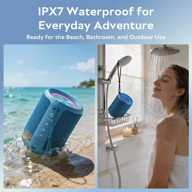 Alt view image 6 of 7 - Portable Bluetooth Speaker,IPX7 Waterproof Wireless Speaker with 20W Loud Stereo Sound,15H Playtime & Beat-Synced RGB Light, Small Outdoor Speaker for Shower,Pool,Beach,Hiking,Gifts(Cerulean)