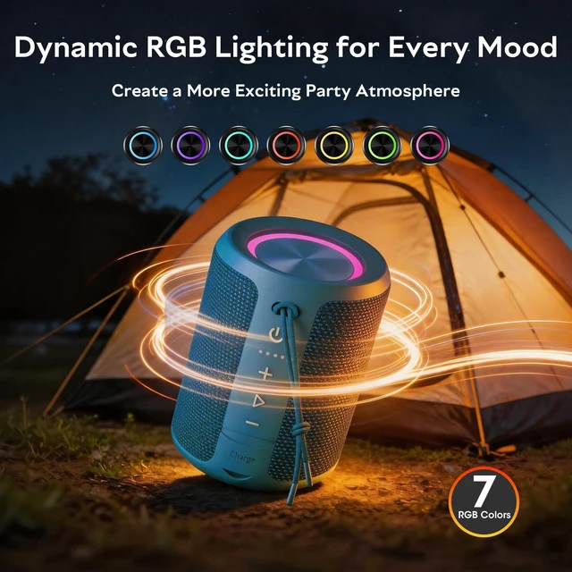 Alt view image 5 of 7 - Portable Bluetooth Speaker,IPX7 Waterproof Wireless Speaker with 20W Loud Stereo Sound,15H Playtime & Beat-Synced RGB Light, Small Outdoor Speaker for Shower,Pool,Beach,Hiking,Gifts(Cerulean)