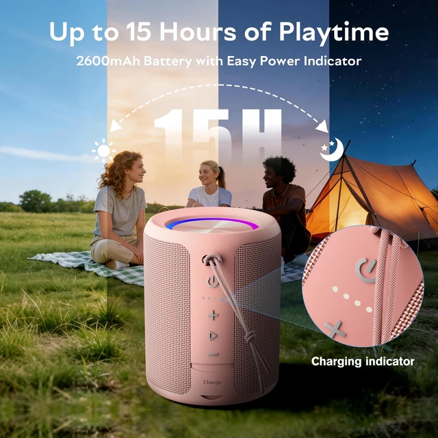Alt view image 3 of 7 - Portable Bluetooth Speaker, IPX7 Waterproof Wireless Speaker with 20W Loud Stereo Sound, 15H Playtime & Beat-Synced RGB Light, Small Outdoor Speaker for Shower, Pool, Beach,Hiking,Gifts(Pink)