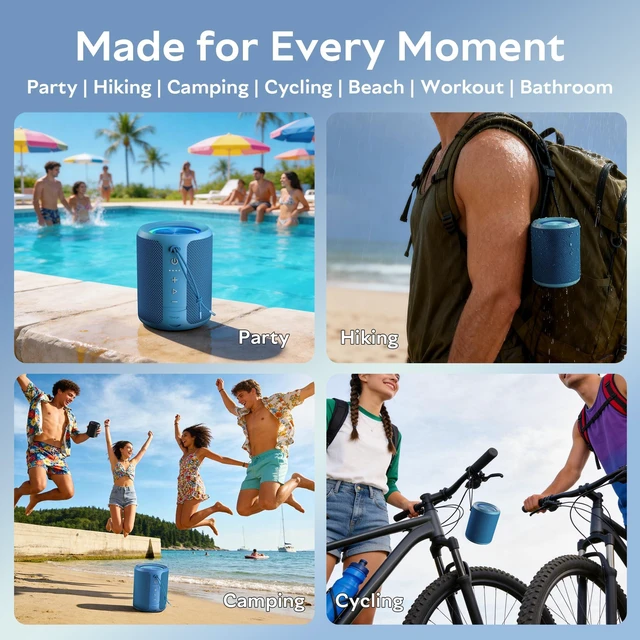 Alt view image 7 of 7 - Portable Bluetooth Speaker,IPX7 Waterproof Wireless Speaker with 20W Loud Stereo Sound,15H Playtime & Beat-Synced RGB Light, Small Outdoor Speaker for Shower,Pool,Beach,Hiking,Gifts(Cerulean)