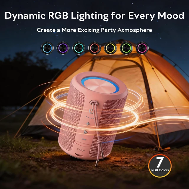 Alt view image 5 of 7 - Portable Bluetooth Speaker, IPX7 Waterproof Wireless Speaker with 20W Loud Stereo Sound, 15H Playtime & Beat-Synced RGB Light, Small Outdoor Speaker for Shower, Pool, Beach,Hiking,Gifts(Pink)