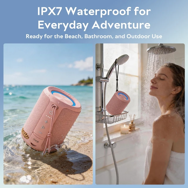 Alt view image 6 of 7 - Portable Bluetooth Speaker, IPX7 Waterproof Wireless Speaker with 20W Loud Stereo Sound, 15H Playtime & Beat-Synced RGB Light, Small Outdoor Speaker for Shower, Pool, Beach,Hiking,Gifts(Pink)