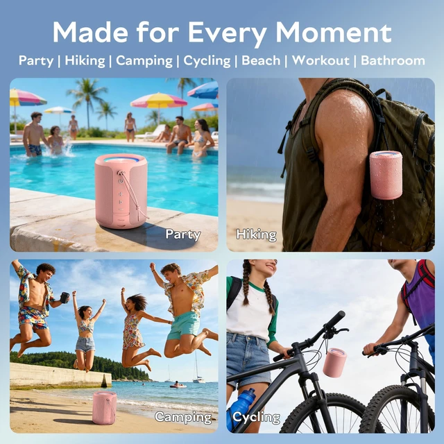 Alt view image 7 of 7 - Portable Bluetooth Speaker, IPX7 Waterproof Wireless Speaker with 20W Loud Stereo Sound, 15H Playtime & Beat-Synced RGB Light, Small Outdoor Speaker for Shower, Pool, Beach,Hiking,Gifts(Pink)