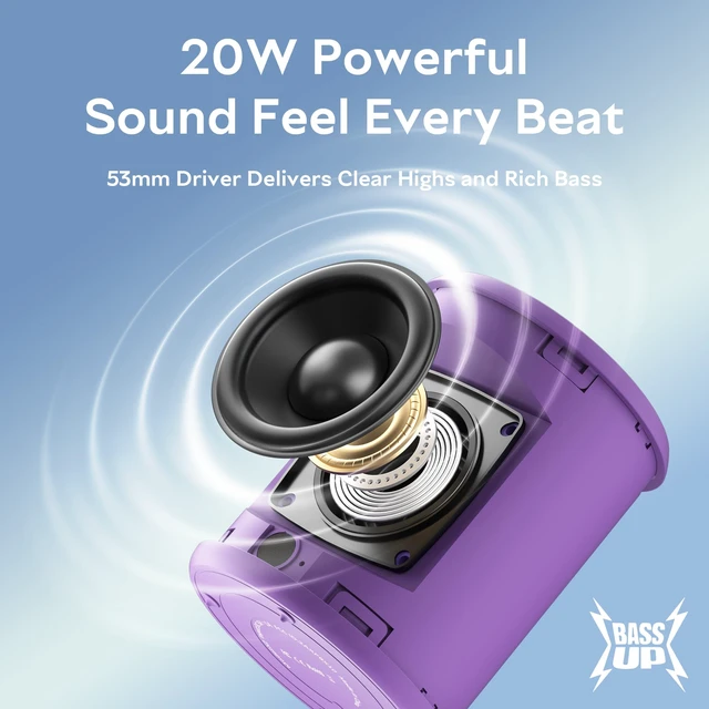 Alt view image 2 of 7 - Portable Bluetooth Speaker, IPX7 Waterproof Wireless Speaker with 20W Loud Stereo Sound, 15H Playtime & Beat-Synced RGB Light, Small Outdoor Speaker for Shower,Pool,Beach,Hiking,Gifts(Purple)