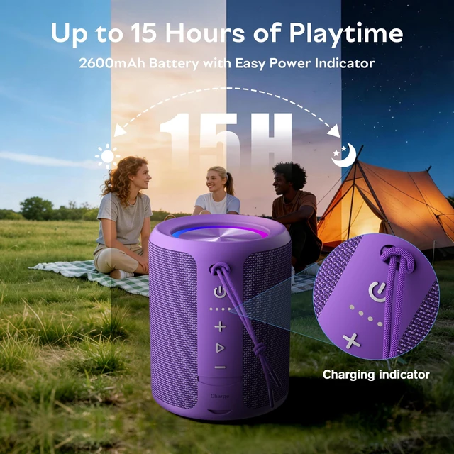 Alt view image 3 of 7 - Portable Bluetooth Speaker, IPX7 Waterproof Wireless Speaker with 20W Loud Stereo Sound, 15H Playtime & Beat-Synced RGB Light, Small Outdoor Speaker for Shower,Pool,Beach,Hiking,Gifts(Purple)