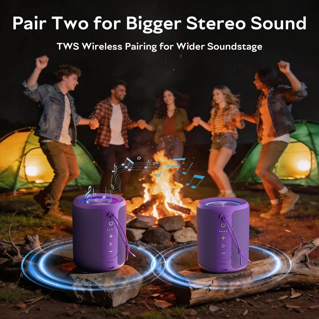 Alt view image 4 of 7 - Portable Bluetooth Speaker, IPX7 Waterproof Wireless Speaker with 20W Loud Stereo Sound, 15H Playtime & Beat-Synced RGB Light, Small Outdoor Speaker for Shower,Pool,Beach,Hiking,Gifts(Purple)