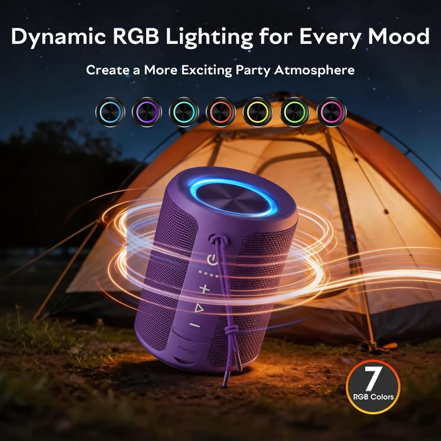Alt view image 5 of 7 - Portable Bluetooth Speaker, IPX7 Waterproof Wireless Speaker with 20W Loud Stereo Sound, 15H Playtime & Beat-Synced RGB Light, Small Outdoor Speaker for Shower,Pool,Beach,Hiking,Gifts(Purple)